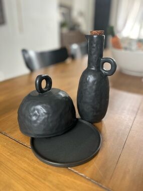 H&M Black Ceramic Butter Dish and Oil Cruet Set